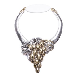 Vintage 1980s Sterling Silver Bib Necklace With Structural Grape Design For Sale
