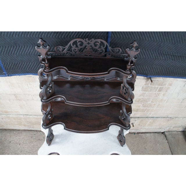 Wood Antique Victorian Rosewood Marble Rococo Tiered Etagere Display Shelf For Sale - Image 7 of 12