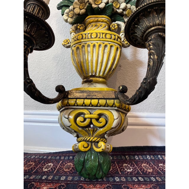 1920s Pair of Antique Edward F. Caldwell & Co. Hand-Painted Floral Bronze and Brass Wall Sconces For Sale In Dallas - Image 6 of 12