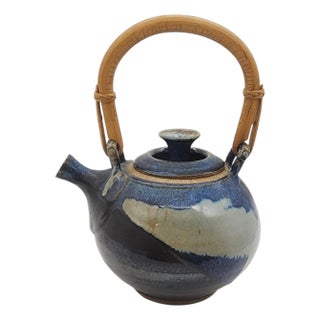 Mid 20th Century Studio Pottery Teapot with Bentwood Handle and Cobalt Drip Glaze For Sale