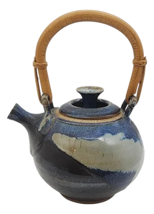 Mid 20th Century Studio Pottery Teapot with Bentwood Handle and Cobalt Drip Glaze
