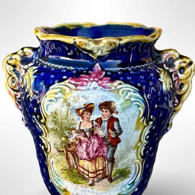 Antique Victorian Majolica Cobalt Blue Vase W/ Courting Couple Scene For Sale In San Diego - Image 6 of 10