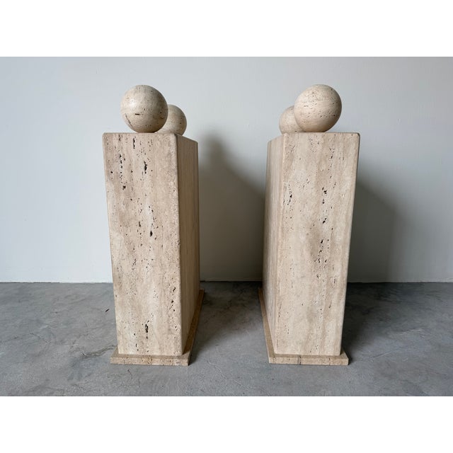 On Hold // 1980’s Postmodern Italian Geometric Travertine Dining Table Base - A Pair For Sale - Image 4 of 16