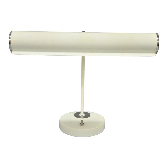 Vintage Mid Century Modern White Enamel Metal Arch Desk Lamp W/ Chrome Accents For Sale
