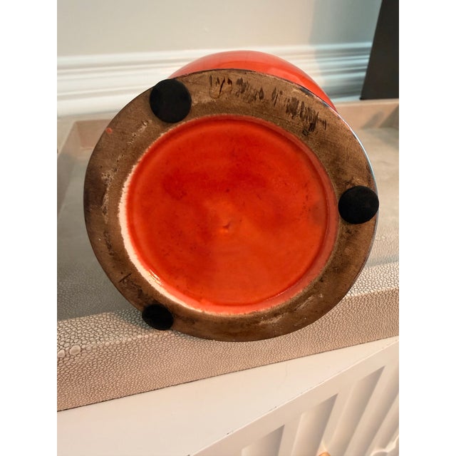 Crackle Glaze Coral Orange Ceramic Vase With Black Rim Accent For Sale In Charleston - Image 6 of 8