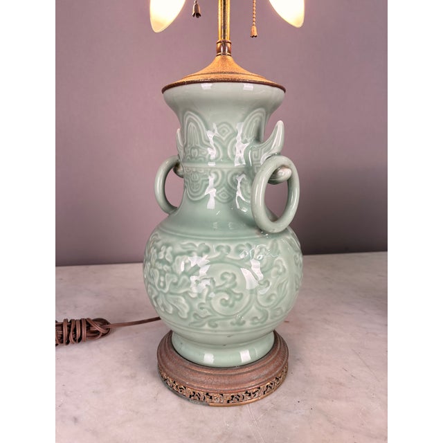 Chinese 1920s Chinese Celadon Glazed Table Lamp With Raised Floral Design For Sale - Image 3 of 7