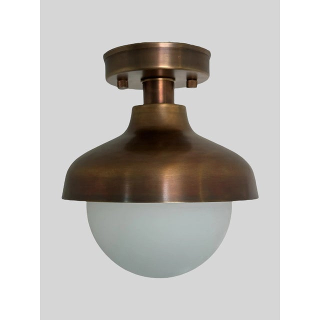Brass Handmade Brass Flush Mount With Antique Finish - Vintage Milk Glass Shade For Sale - Image 8 of 9