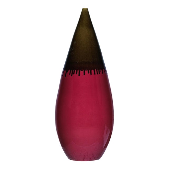 Artisan Tall Ceramic Vase in Burgundy and Brown Glaze with Teardrop Silhouette For Sale