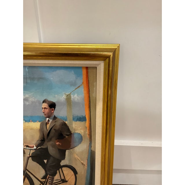 Soicher Marin - Alan Kingsbury Coping with Modernisnm Giclee Framed. Gold frame, Man on a bike. Original Retail $594....