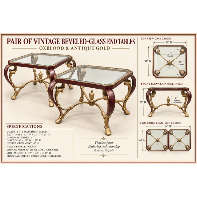 Title: Pair of Vintage Oxblood and Antique Gold Beveled-Glass End Tables For Sale - Image 4 of 6