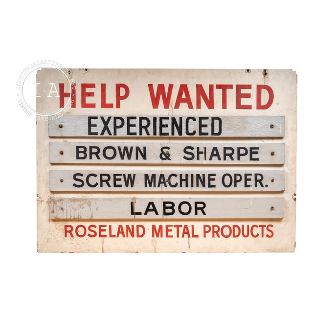 Vintage Hand-Painted Roseland Metal Products (Chicago) Help Wanted Sign For Sale