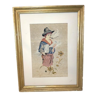 Antique 1800's Victorian Hand Embroidered Boy Smoking Needlepoint Portrait Art For Sale