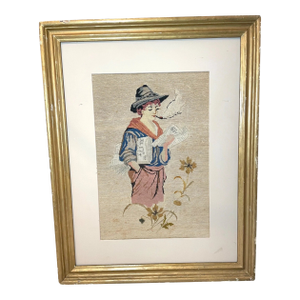 Antique 1800's Victorian Hand Embroidered Boy Smoking Needlepoint Portrait Art
