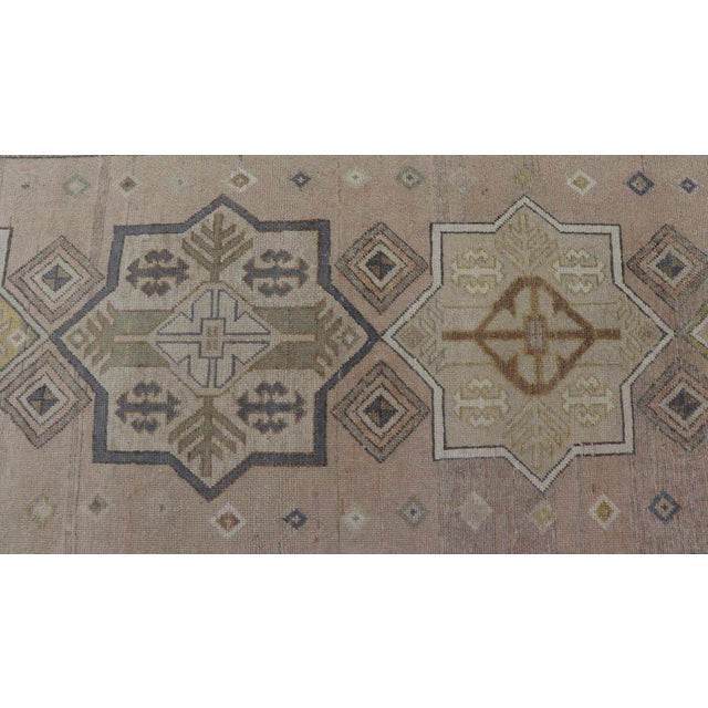 Celadon Antique Turkish Oushak Runner With Soft Gold and Celadon Geometric Medallions For Sale - Image 8 of 13