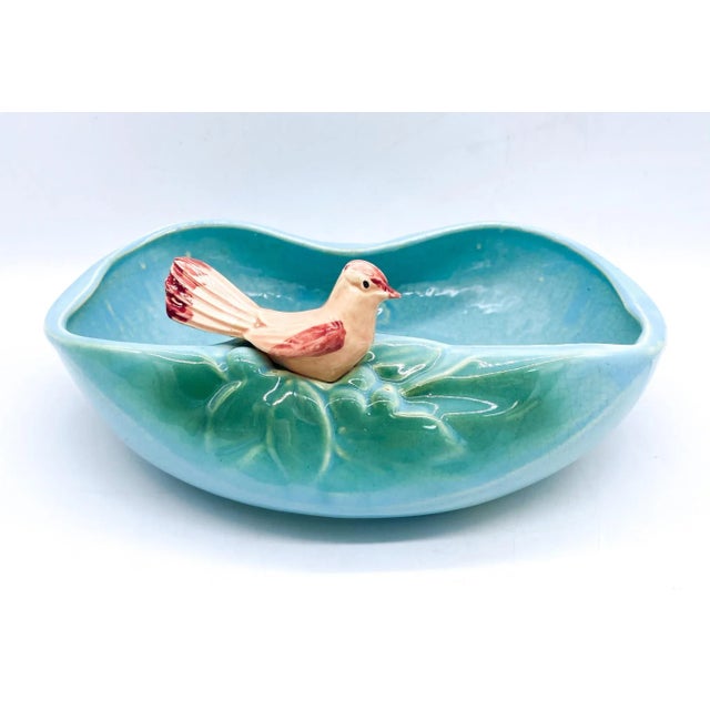 1940's McCoy "Bird Bath" Turquoise Blue Bowl/ Planter With Cardinal