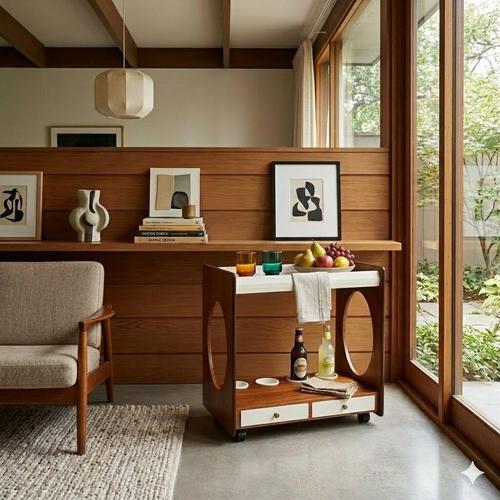 Kitchen cart with a top shelf, bottle holder, and a pair of small drawers. Exotic wood veneer, lacquered wood, and clear...