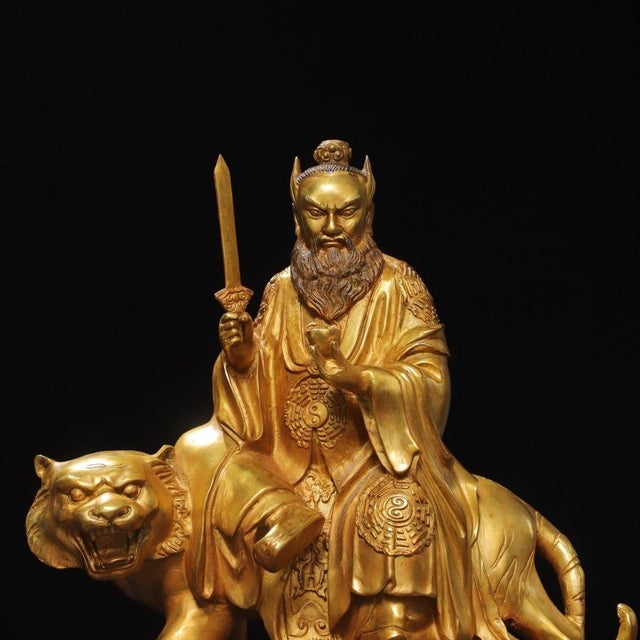 Late 19th Century Gilt Bronze Zhang Tianshi Statue on Tiger, Taoist Deity, 8.76kg For Sale In Los Angeles - Image 6 of 9