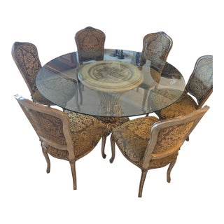 Elegant French Provincial Glass Dining Table With 6 Upholstered Chairs For Sale