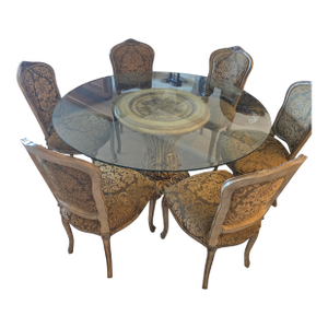 Elegant French Provincial Glass Dining Table With 6 Upholstered Chairs