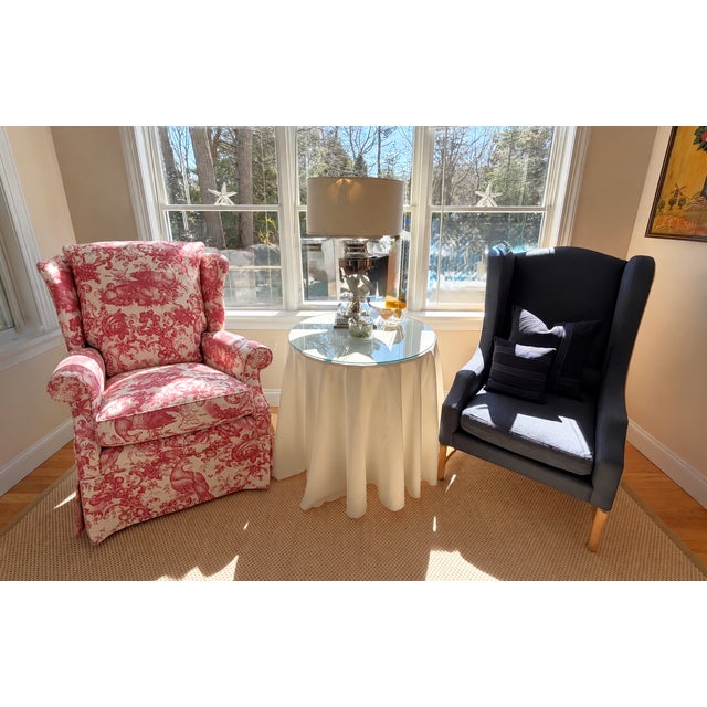 Custom Wingback Chair in Red Raspberry and Cream in Heritage Toile by Brunschwig & Fils For Sale - Image 10 of 17