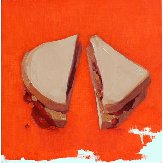 This artwork depicts a simple yet evocative representation of a peanut butter and jelly sandwich, cut in half and placed...