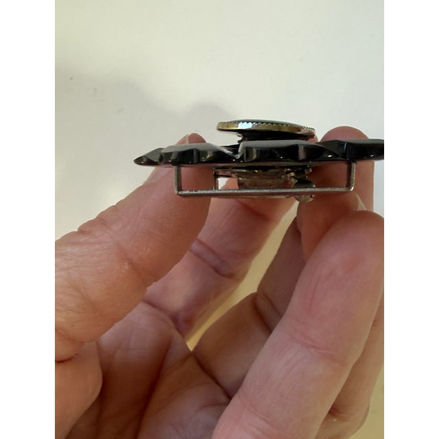 Rare Vintage 1930s Carved Black Bakelite Convertible Belt Buckle & Brooch - Martini Glass Cabochon For Sale - Image 4 of 8