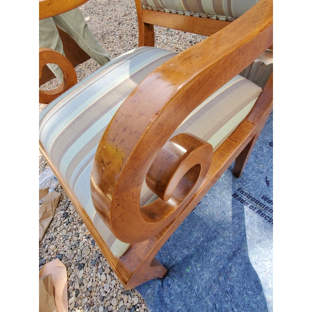 Scroll-Arm Accent Chair, Striped Upholstery, Wood Frame, For Sale - Image 4 of 4