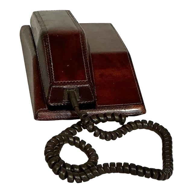 Vintage Mid-Century Brown Stitched Leather Working Northern Telecom Phone Wall or Desk, Circa 1970s For Sale