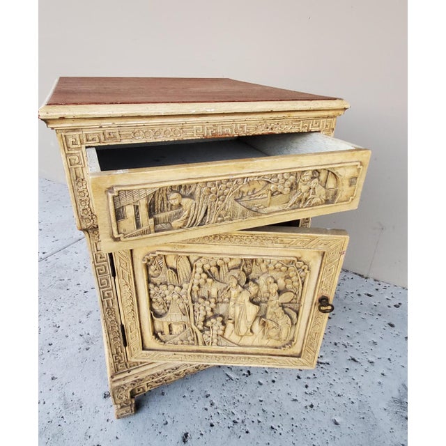 1920s Antique Chinese Wooden Bedside Cabinet With Carved Chinese Scenery For Sale In Los Angeles - Image 6 of 12
