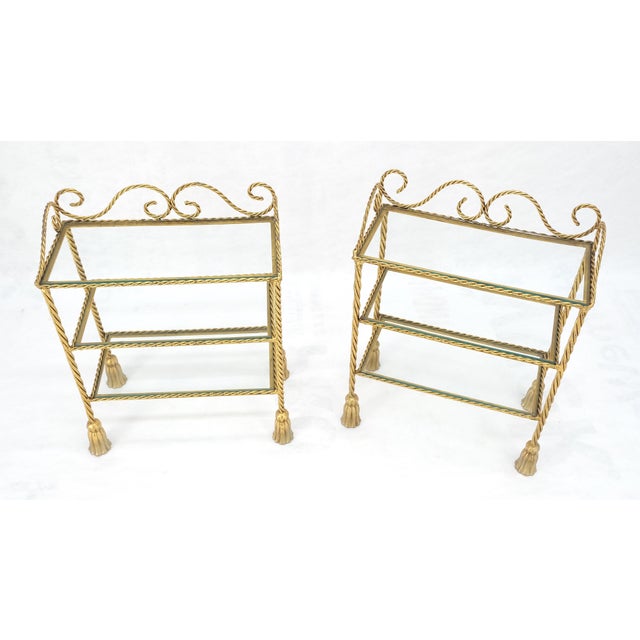 Gold Pair of Italian 3 TierGold Gilt "Twisted Rope" Iron Side End Tables Stands MINT For Sale - Image 8 of 15