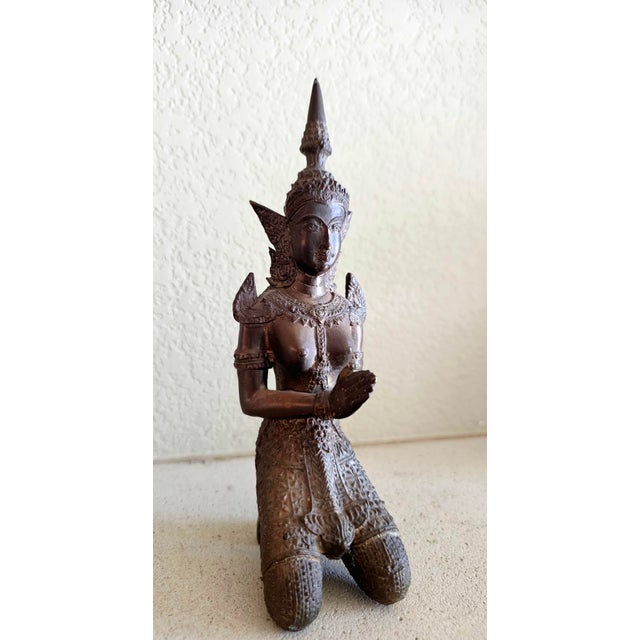 Asian Antique Early 20th Century Thai Bronze Thepphanom Devata Statue – Kneeling Celestial Guardian, 9” For Sale - Image 3 of 12