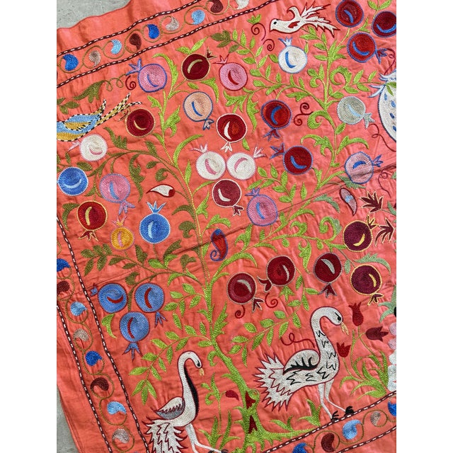 Coral Silk Suzani Wall Decor With White Cranes For Sale In New York - Image 6 of 9