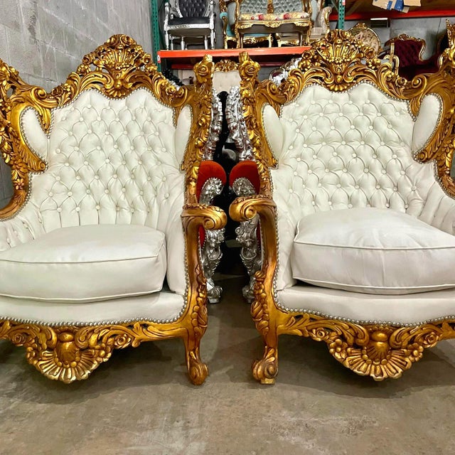 Baroque Style King Throne Chair – Off-White Leather Upholstery For Sale In Miami - Image 6 of 6