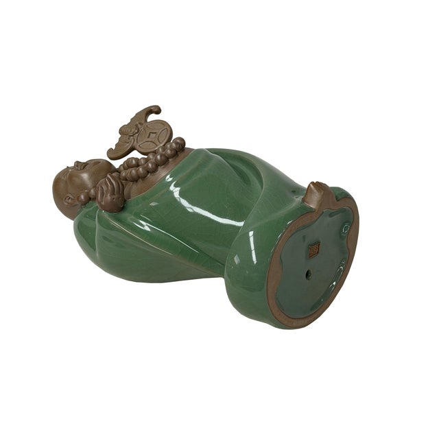 Joyful Laughing Buddha Gloss Dark Jade Green Robe Ceramic Coin Bat Ru Yi Figure For Sale - Image 9 of 12