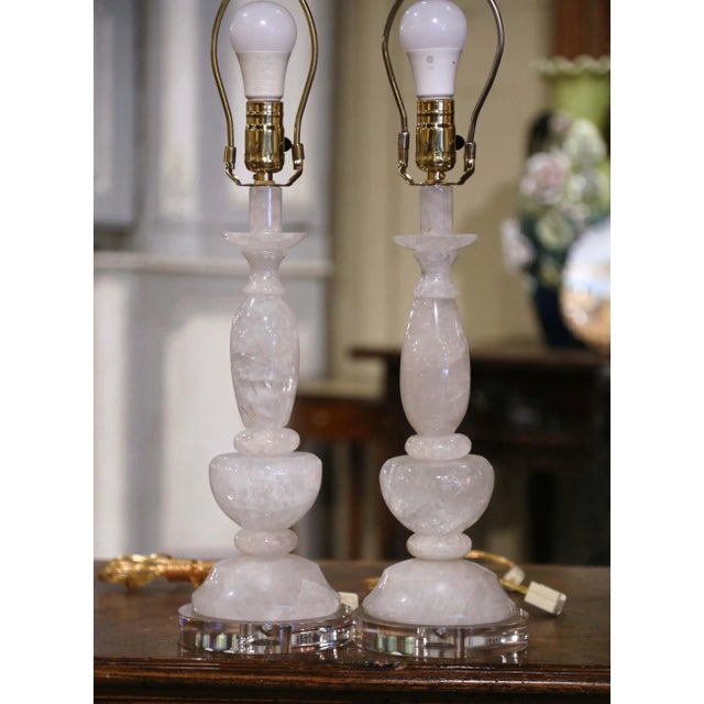 Pair of Brazilian Carved Rock Crystal Table Lamps on Acrylic Bases For Sale In Dallas - Image 6 of 8