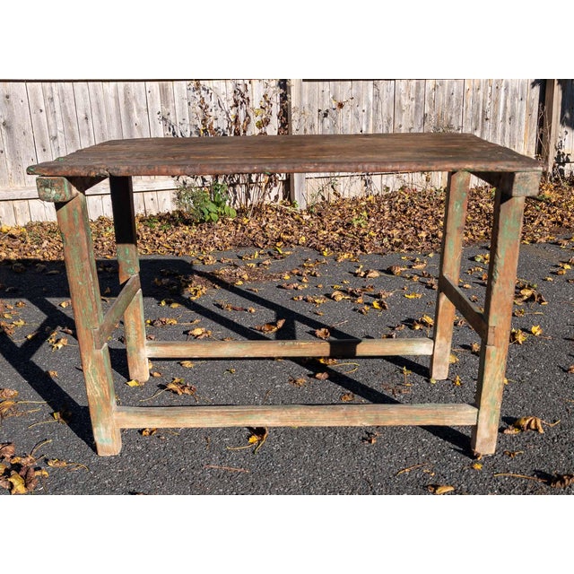 18th or 19th Century Rustic Primitive Farmhouse Table in Old Green Paint For Sale - Image 12 of 18