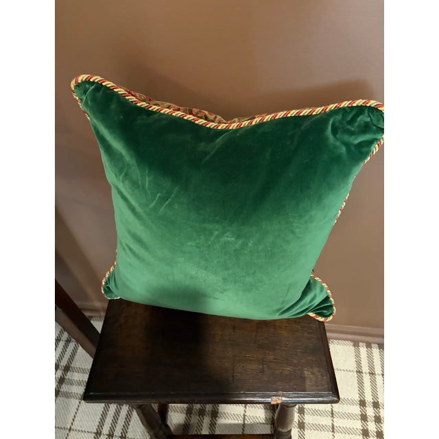 Custom pillows of Scalamandre silk velvet fabric in iconic tartan plaid and coordinating tri cord trim. Down inserts included