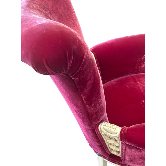 Ruby Red Vintage Louis XV Style Wingback Bergère Chair in Ruby Velvet With Carved Distressed Frame For Sale - Image 8 of 10