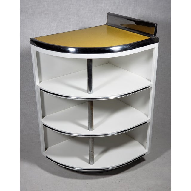 1940s Vintage Original Art Deco "Youngstown Kitchens" All Metal Cabinet Shelving W Orig. Laminate Top & Polished Chrome For Sale - Image 5 of 11
