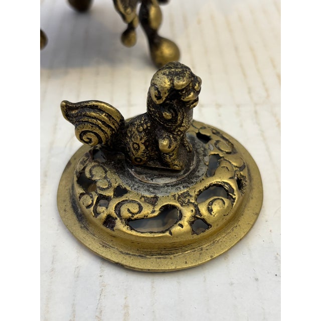 Metal Antique 100 Years Old Chinese Incense Burner With Foo Dog Finial For Sale - Image 7 of 10