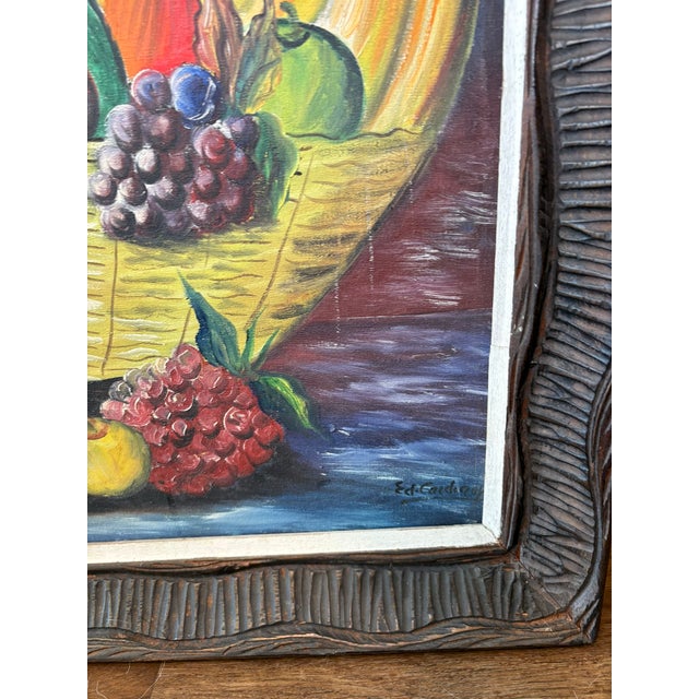 Yellow Vintage Original & Signed Tropical Fruit Still Life Oil Painting in Hand Carved Wood Frame For Sale - Image 8 of 14