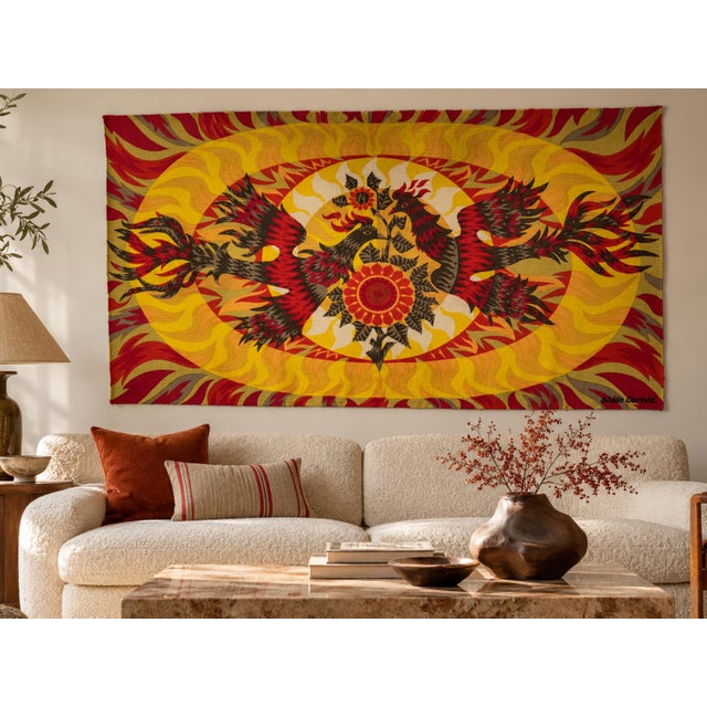 A striking large-scale French mid-century wool tapestry entitled Les Phénix, designed by Alain Cornic and produced by...