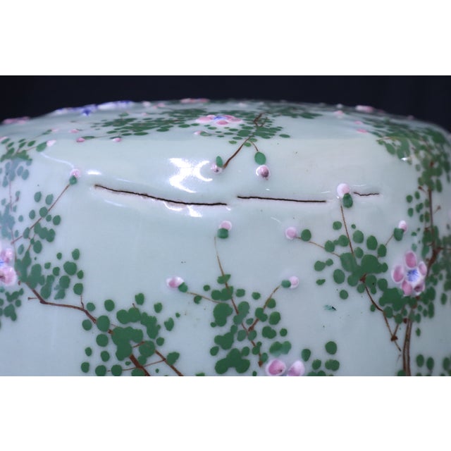 Beautiful Japanese Celadon Garden Stool With Tree Branches, Flowers & Bird For Sale - Image 9 of 11