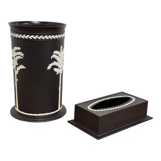 Vintage Fesco Resin Black Wedgewood Style Waste Basket and Matching Tissue Box Holder For Sale