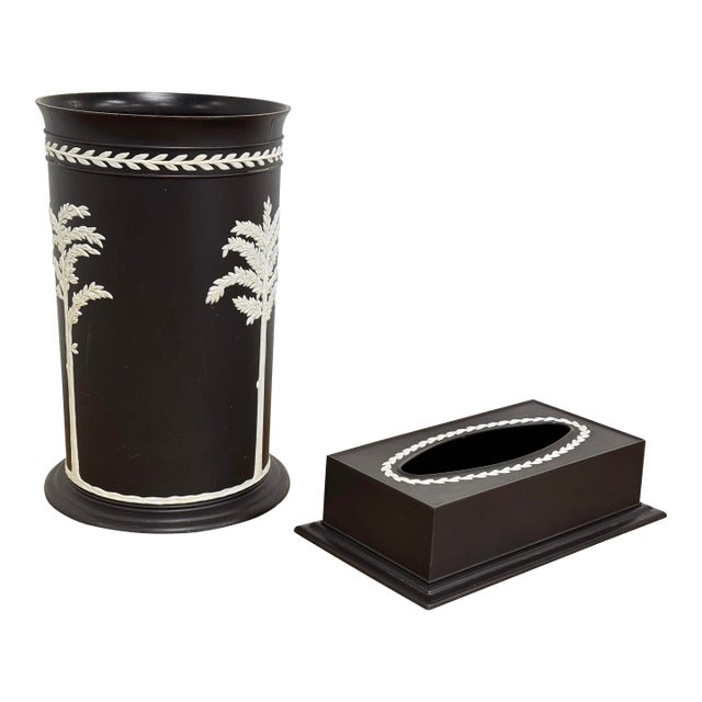 Vintage Fesco Resin Black Wedgewood Style Waste Basket and Matching Tissue Box Holder For Sale