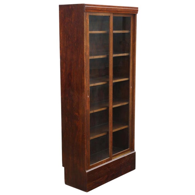 Large antique c.1925 oak bookcase – high-quality shop display cabinet with sliding glass doors this beautifully crafted...