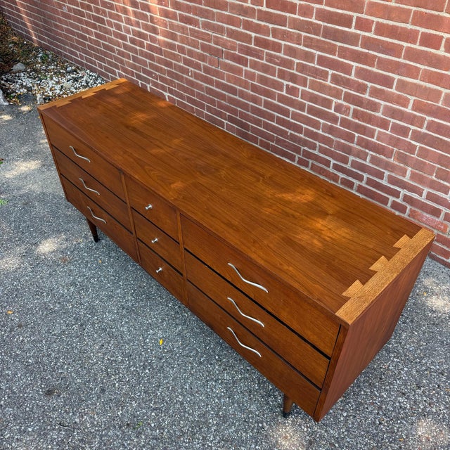 Mid 20th Century Mid 20th Century Lane Acclaim Walnut 9-Drawer Lowboy Dresser by Andre Bus for Lane Furniture For Sale - Image 5 of 9