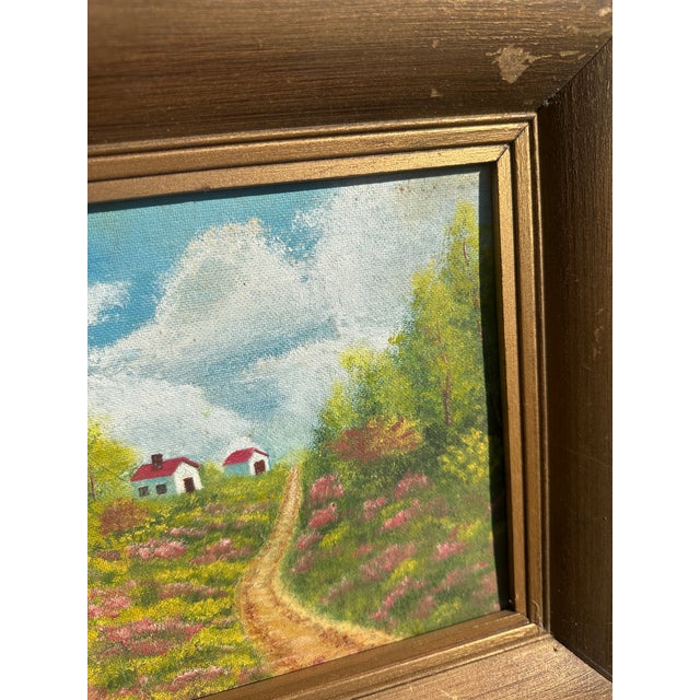 1990s Small Signed Gold Framed Farmhouse and Foliage Landscape Painting on Canvas For Sale - Image 5 of 8
