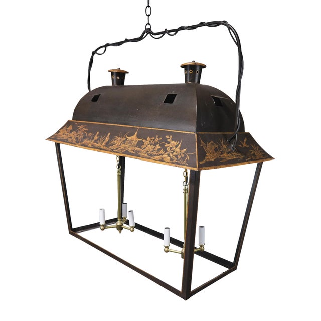 Vintage Hand-Painted Tole Pagoda Style Chinoiserie Lantern Oblong Pendant For Sale In New York - Image 6 of 12
