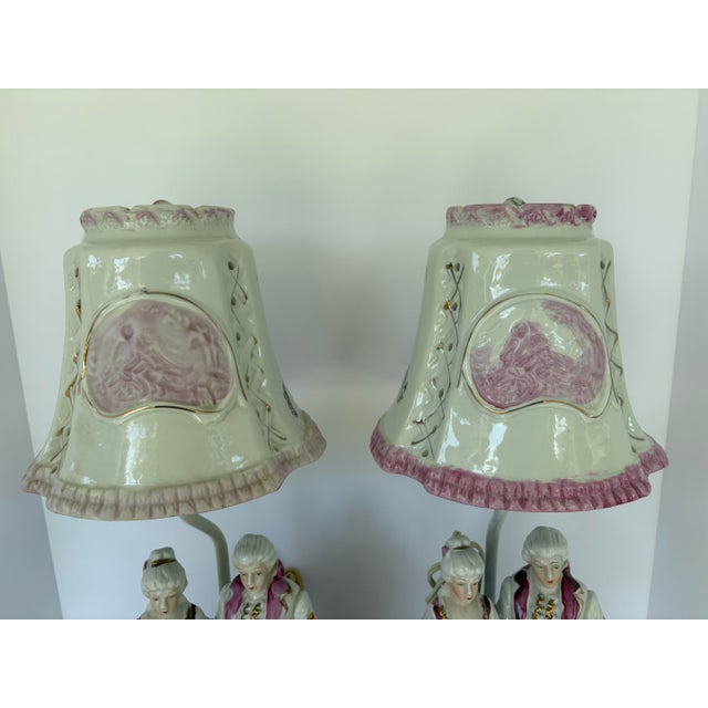 Figurative Vintage Rococo Revival Porcelain Figurine Table Lamps – Romantic Couple, Pair For Sale - Image 3 of 10